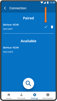 screenshot of paired BeHear device