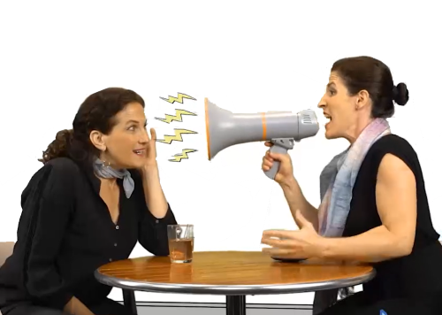challenging conversation between girlfriends with megaphone