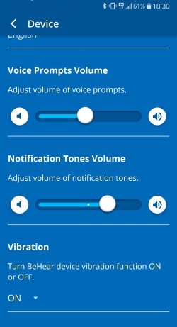 voice prompts volume vibration settings in W&H BeHear app
