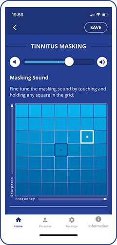 Tinnitus masking customization screen in BeHear app