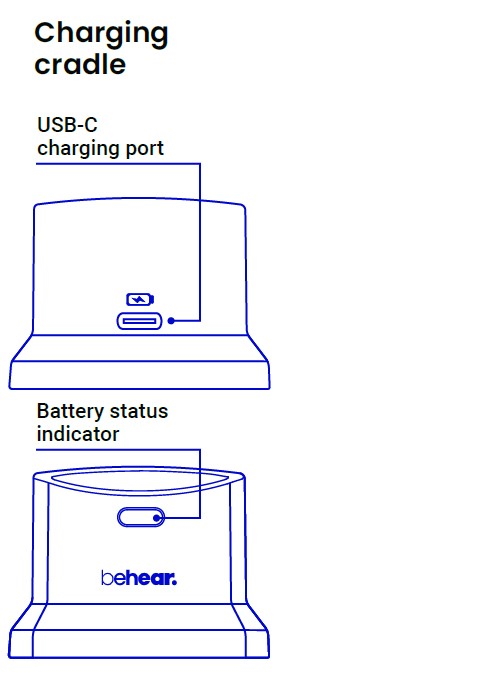 BeHear SMARTO personal amplifier charger mechanical diagram (front view)