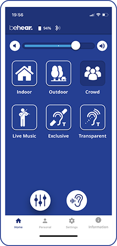 BeHear ACCESS hearing amplifier home screen